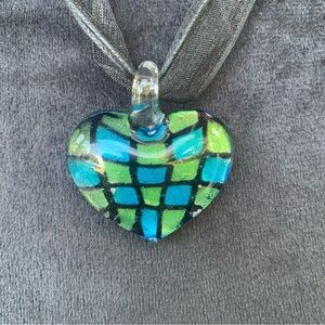 Whimsical Geometric Green and Blue Checkerboard Pattern Heart Pendant Necklace